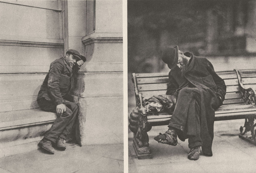 LONDON. Tramps. London public who use the seats on the Embankment 1926 print
